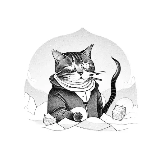 A cat smoking a joint while sitting on a mountain peak tattoo design idea