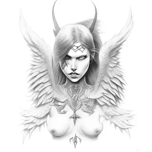 female angel with demon wolf  tattoo design idea