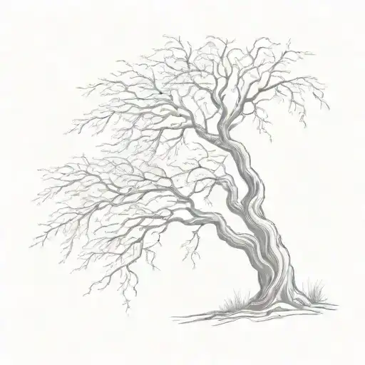 weeping willow tree being blown slightly by the wind in fine line tattoo  tattoo design idea