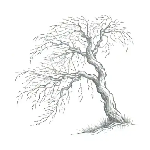 weeping willow tree being blown slightly by the wind in fine line tattoo  tattoo design idea