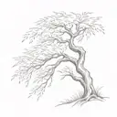 weeping willow tree being blown slightly by the wind in fine line tattoo  tattoo design idea
