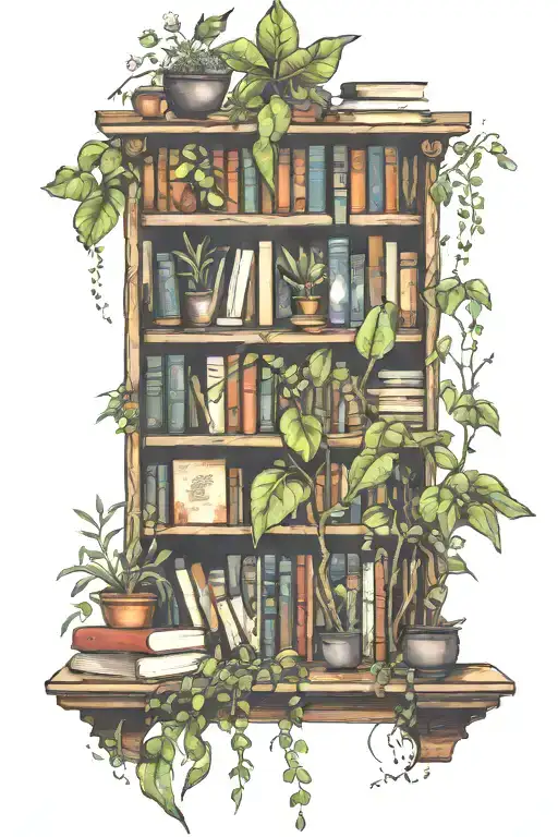 A bookshelf tattoo filled with fantasy novels and plants growing out of the books tattoo design idea