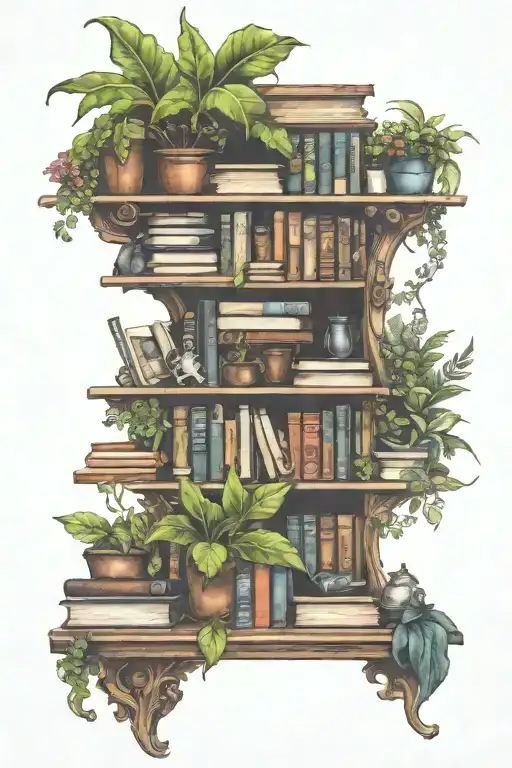 A bookshelf tattoo filled with fantasy novels and plants growing out of the books tattoo design idea