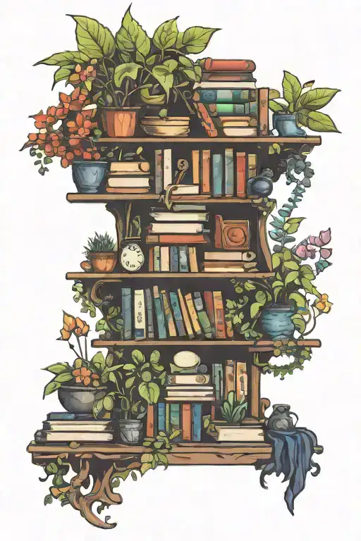 A bookshelf tattoo filled with fantasy novels and plants growing out of the books tattoo design idea