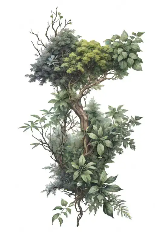 A forest scene with hidden medicinal herbs and plants, showcasing your passion for herbalism and nature tattoo design idea