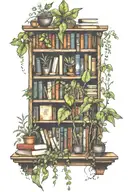 A bookshelf tattoo filled with fantasy novels and plants growing out of the books tattoo design idea