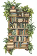 A bookshelf tattoo filled with fantasy novels and plants growing out of the books tattoo design idea