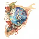 Music written on a scroll wrapping around the upper arm, under a glowing moon with falling leaves encompassing tattoo design idea