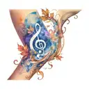Music written on a scroll wrapping around the upper arm, under a glowing moon with falling leaves encompassing tattoo design idea