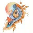 Music written on a scroll wrapping around the upper arm, under a glowing moon with falling leaves encompassing tattoo design idea