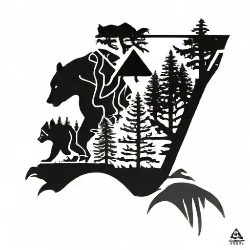 giant douglas fir tree and black bear tattoo design idea