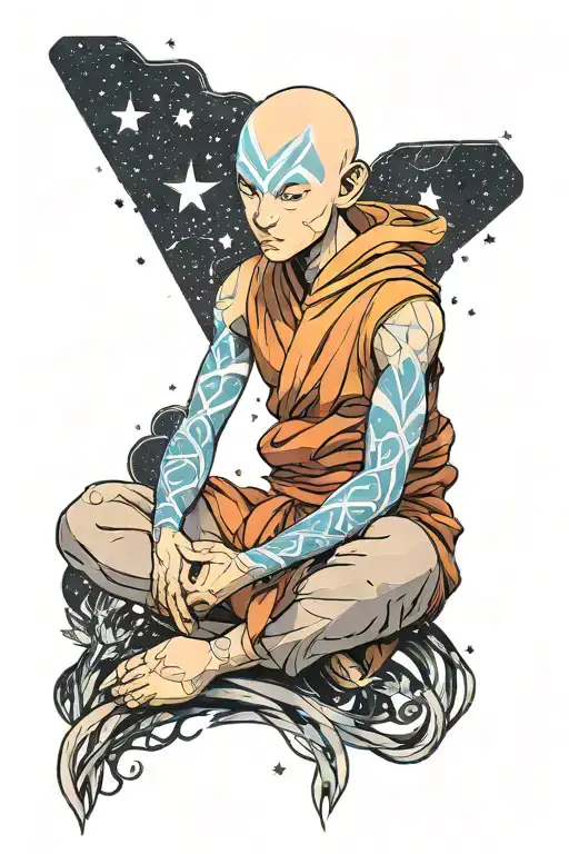 Avatar Aang in Scandinavian style, praying with stars in the background tattoo design idea