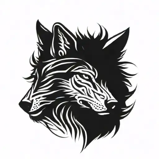 the face of a wolf on the right side is combined with the head of a man with a beard tattoo design idea