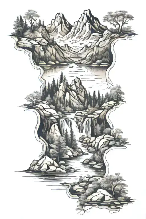 mountain,riverand forest scene tattoo design idea