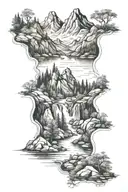 mountain,riverand forest scene tattoo design idea
