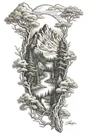 mountain,riverand forest scene tattoo design idea