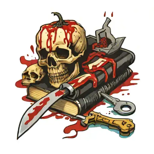 books, butcher knife, blood dripping, skull tattoo design idea