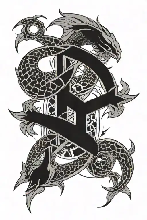 A  geometric design incorporating the symbols of Pisces, Sagittarius, Aries, and Scorpio in a cohesive pattern tattoo design idea