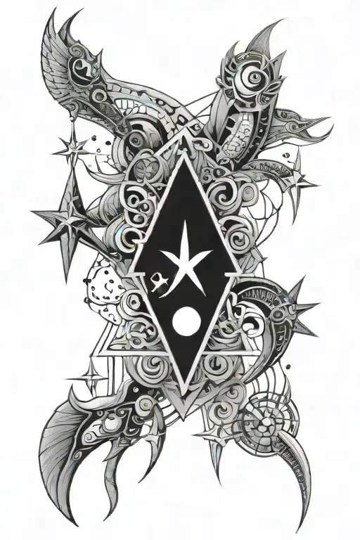 A  geometric design incorporating the symbols of Pisces, Sagittarius, Aries, and Scorpio with a southern cross  tattoo design idea