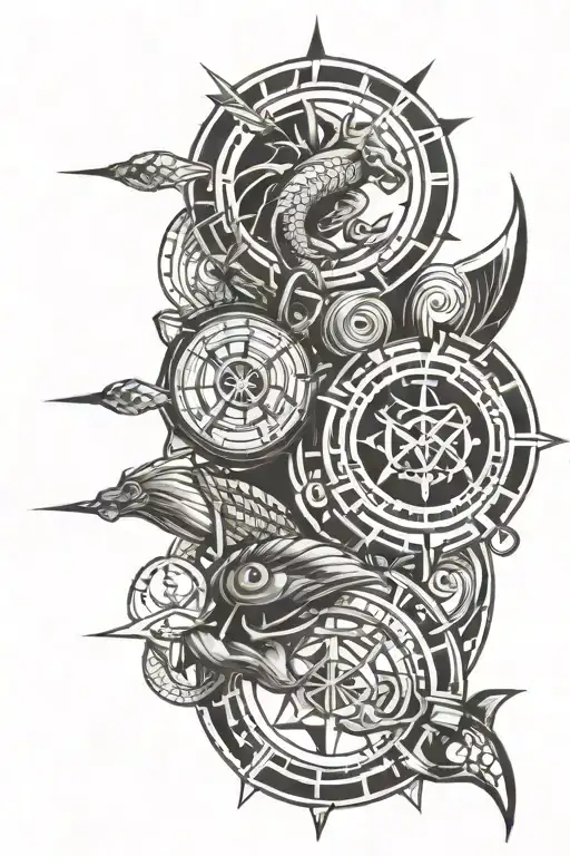 A  geometric design incorporating the symbols of Pisces, Sagittarius, Aries, and Scorpio  tattoo design idea