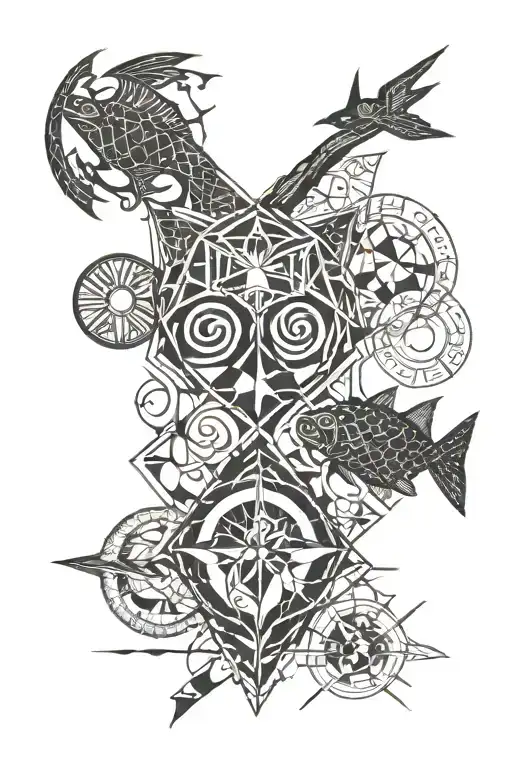 An abstract geometric design incorporating the symbols of Pisces, Sagittarius, Aries, and Scorpio in a cohesive pattern tattoo design idea