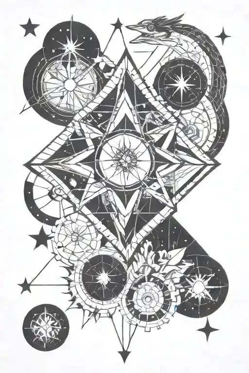 A geometric design incorporating the Southern cross, pisces, scorpio, sagittarius and aries tattoo design idea
