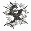 A celestial Pisces constellation merging with a fiery Sagittarius arrow tattoo design idea