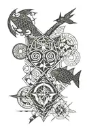An abstract geometric design incorporating the symbols of Pisces, Sagittarius, Aries, and Scorpio in a cohesive pattern tattoo design idea