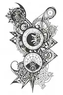 An abstract geometric design incorporating the symbols of Pisces, Sagittarius, Aries, and Scorpio in a cohesive pattern tattoo design idea