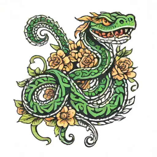 slithering snake adorned with Aztec flowers tattoo design idea
