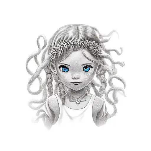 1girl, wheat wreath, dress, caped,  white hair, long braid, holding black rock in front of her  tattoo design idea