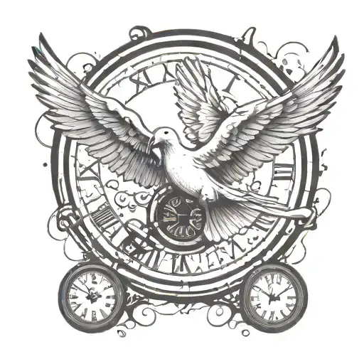 White peace dove circling dark dove carrying grenade, both birds orbiting broken clock tattoo design idea