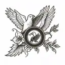 Yin and yang white dove carrying olive branch circling black dove carrying grenade tattoo design idea
