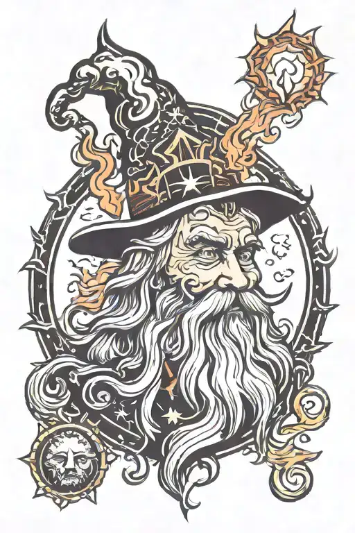 wizard face with castle and fire surrounded tattoo design idea