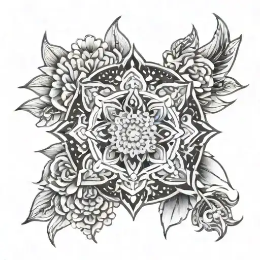 mandala with flowers and naga with balinese symbolism tattoo design idea
