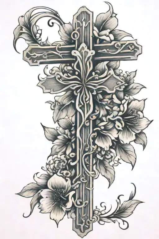 line cross, flowers blooming, matthew 19:26 tattoo design idea