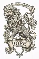A traditional tattoo design of a Scottish lion holding a banner that says 'Hope' to represent your Scottish heritage and optimism tattoo design idea