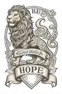 A traditional tattoo design of a Scottish lion holding a banner that says 'Hope' to represent your Scottish heritage and optimism tattoo design idea