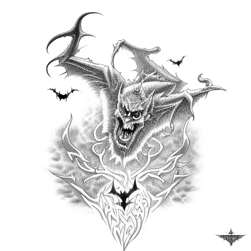 demons, with a tree of souls, and bats flying  tattoo design idea