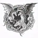 Create a tattoo design featuring the heads of a dragon, unicorn, and griffin arranged in a circle. The dragon head shoul tattoo design idea
