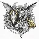 Create a tattoo design featuring the heads of a dragon, unicorn, and griffin arranged in a circle. The dragon head shoul tattoo design idea