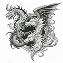 Create a tattoo design featuring the heads of a dragon, unicorn, and griffin arranged in a circle. The dragon head shoul tattoo design idea