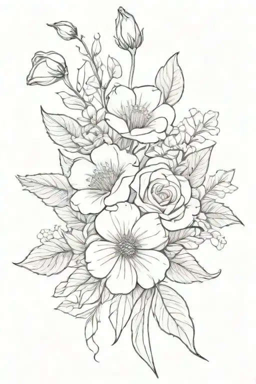 violets and rose and daisy simple flower bouquet tattoo design idea