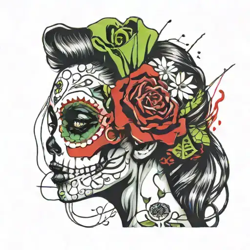  Muerta, half girl's face, half skeleton's face, crossed pistols, green ghost style, Day of the dead in Mexico tattoo design idea