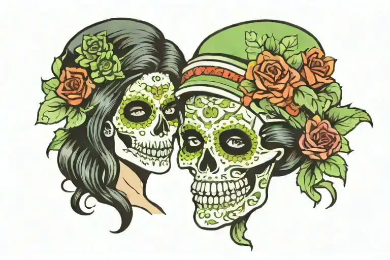  Muerta, half girl's face, half skeleton's face, crossed pistols, green ghost style, Day of the dead in Mexico tattoo design idea