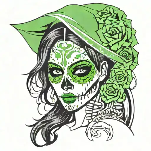  Muerta, half girl's face, half skeleton's face, crossed pistols, green ghost style, Day of the dead in Mexico tattoo design idea