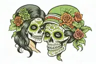  Muerta, half girl's face, half skeleton's face, crossed pistols, green ghost style, Day of the dead in Mexico tattoo design idea