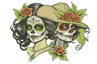  Muerta, half girl's face, half skeleton's face, crossed pistols, green ghost style, Day of the dead in Mexico tattoo design idea