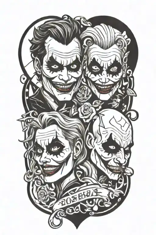 A unique design combining elements of The Joker and Harley Quinn to symbolize the duality of life and death tattoo design idea