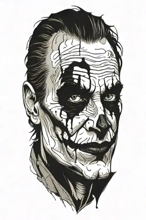 A stylized portrait of The Joker with a tear falling from his eye, symbolizing grief and loss tattoo design idea
